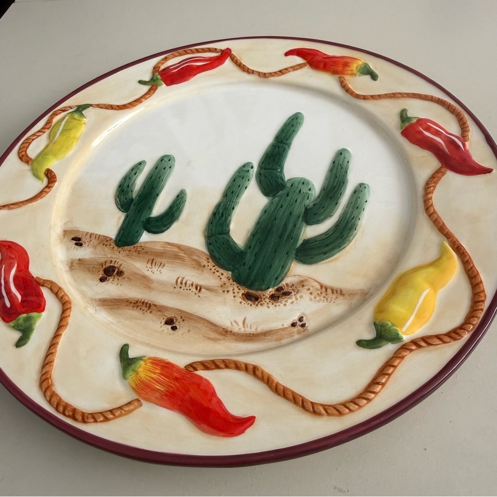 Southwest 3D Embossed Cactus & Chili Pepper Ceramic Plate Boho Western Majolica - Picture 2 of 3